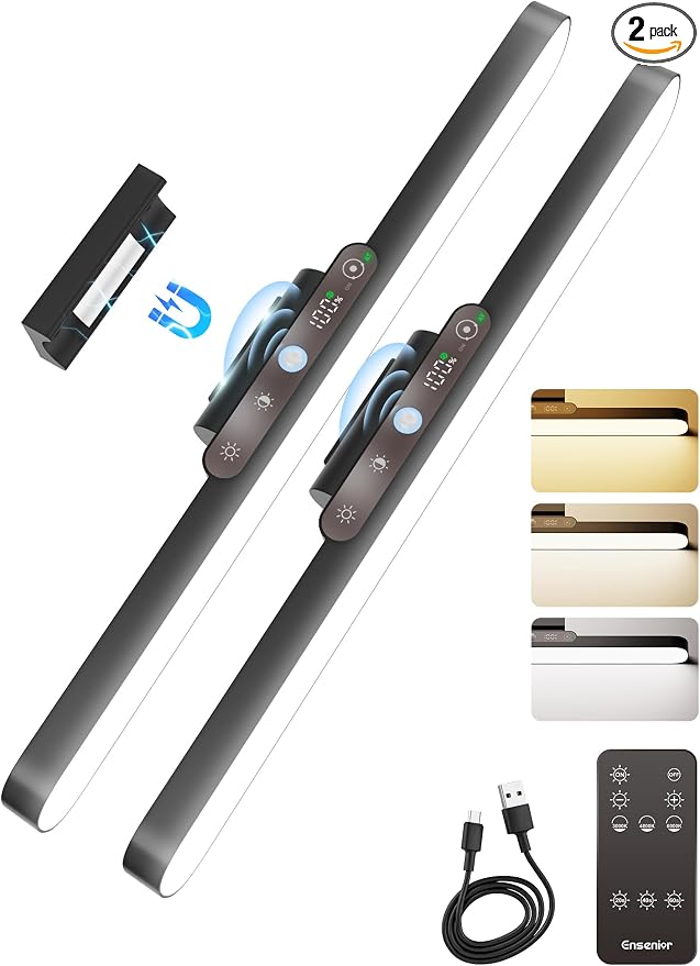 Ensenior 4W Motion Sensor Rechargeable Light Bar, Closet Lights, 2P | 2000mAh, Dimmable, Eye-Friendly, 3 Colors CRI85+, Battery Display, Wireless, Remote Control, Magnetic 130° Rotatable,Stick on