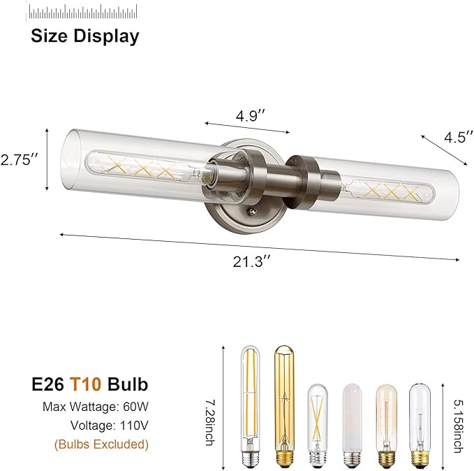 Brushed Nickel 2-Light Bathroom Vanity Light Fixture, Modern Bathroom Sconces Wall Lighting W/Clear Glass Shade, Horizontal and Vertical Wall Mount Lamp for Mirror Hallway Kitchen