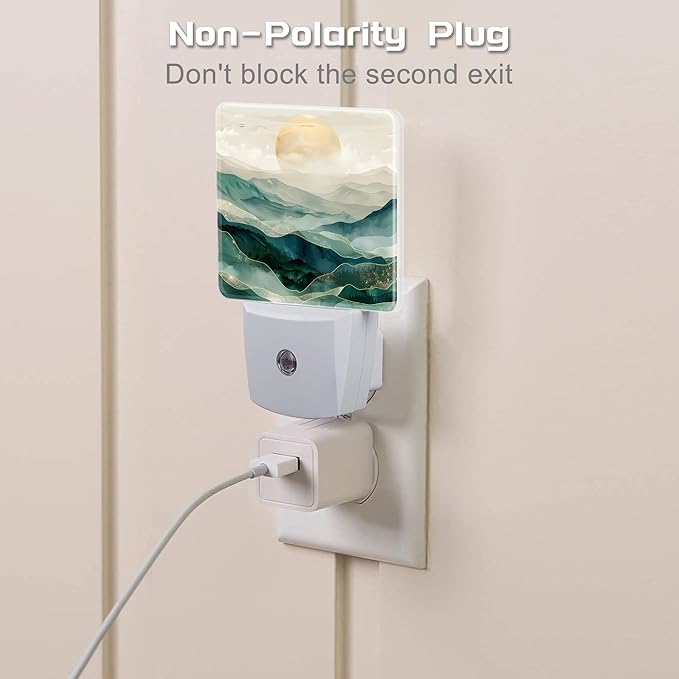 Golden Mountains with Sun Night Light for Kids,Watercolor Sunrise Mountain Night Light Plug in with Dusk to Dawn Sensor,0.5w Energy Saving Nightlight for Hallway Stairway Kitchen Bedroom