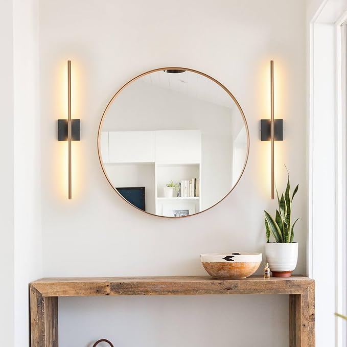 KUZZULL Modern Light Fixture Set of Two 27.8x4.3x3.4in Black and Brass Gold Sconces 1200Lm LED Wall Lights for Bathroom, Living Room, Corridor