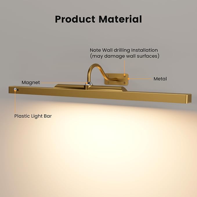 Rechargeable Motion Sensor Picture Light for Wall, 24 Inch, Brass, 1 Pack | 6000mAh Battery, Cordless, Magnetic Detachable Bar, Rechargeable, Remote Control, 3CCT Dimmable, for Artworks/Photos