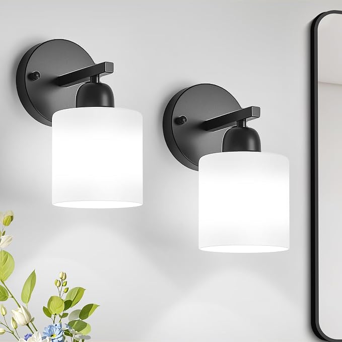 2PCS Light Black Bathroom Light Fixture, Modern Bathroom Lights with Milky White Frosted Glass Shades for Mirror Living Room Bedroom Hallway E26 Base