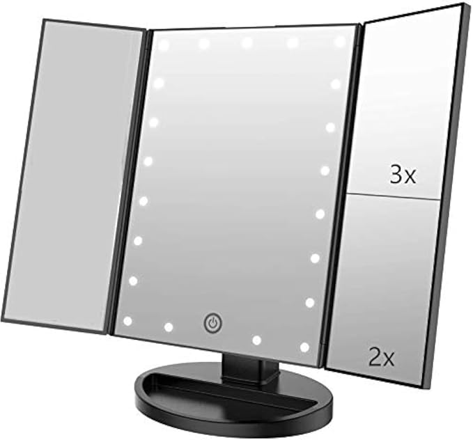 Infitrans Trifold Makeup Mirror Vanity Mirror with Lights,1X 2X 3X Magnification,Touch Control,Adjustable Rotation,Dual Power Supply,Portable Travel Cosmetic Mirror,Birthday Gifts for Women,Teengirls