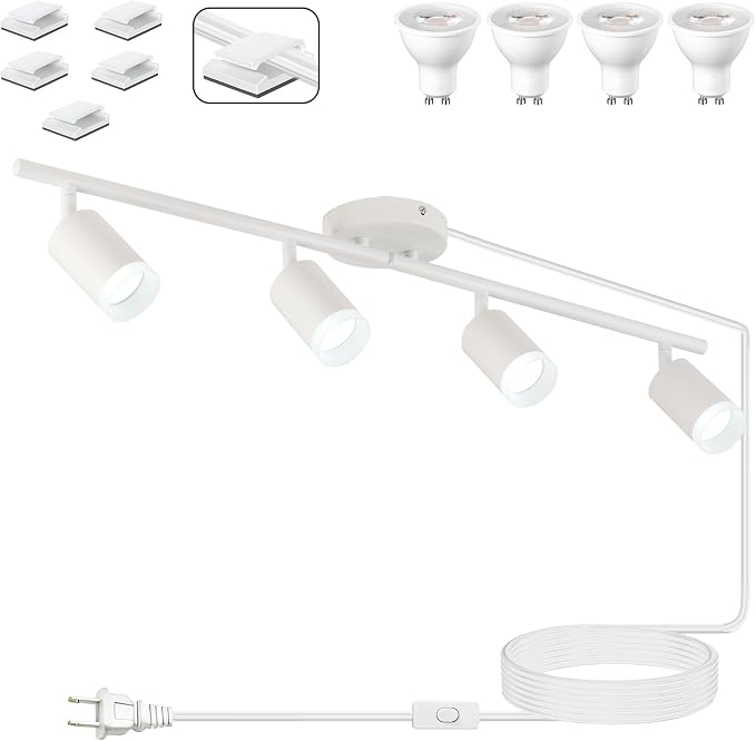 Plug in Track Lighting Kit, 80cm LED 4 Light Kitchen Track Lighting, Corded Wall Light with 16.4ft Cord, 4 Way Ceiling Spot Lighting Flexibly Rotatable Head Includes 4xGU10 Bulb (4 White-Acrylic-80cm)