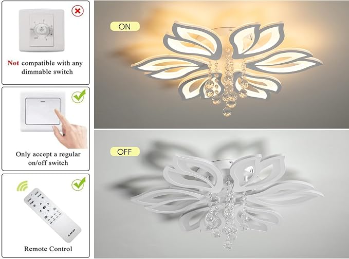 Garwarm 26" Modern LED Ceiling Light Fixture, Dimmable Crystal Flush Mount | Flower Ceiling Light with Remote Control, Adjustable Color Temperature 3000K-6500K, Crystal LED Lamp for Bedroom Living Room