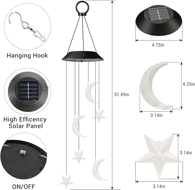 Toodour Solar Wind Chimes, Color Changing Wind Chimes Moon and Star | LED Decorative Mobile, Gift for Mom Grandma, Waterproof Outdoor Moon Star Light for Garden, Patio, Yard, Window Outdoor Decor