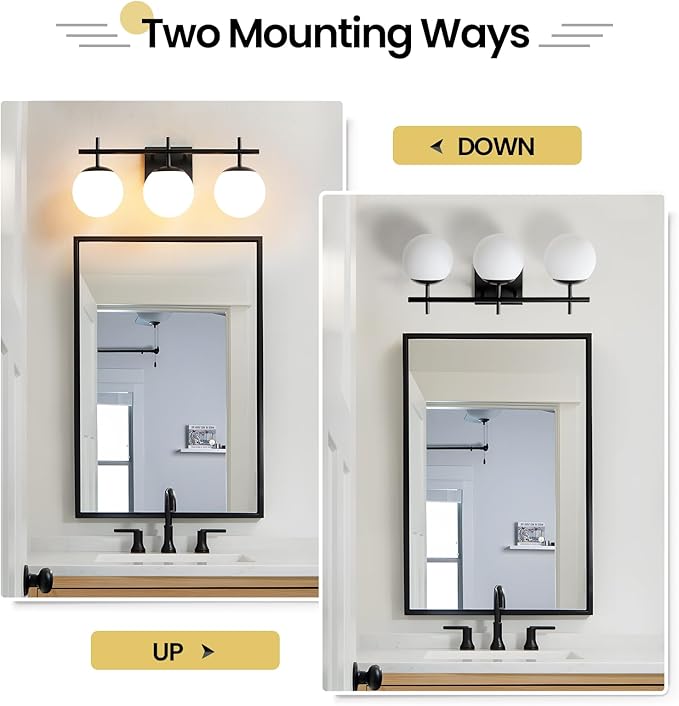 Black Bathroom Vanity Light, 3-Light Bathroom Lighting Fixtures Over Mirror with Milky White Globe Glass Shade, Mid Century Modern Vanity Lights Fixture Over Mirror 22.4 Inch