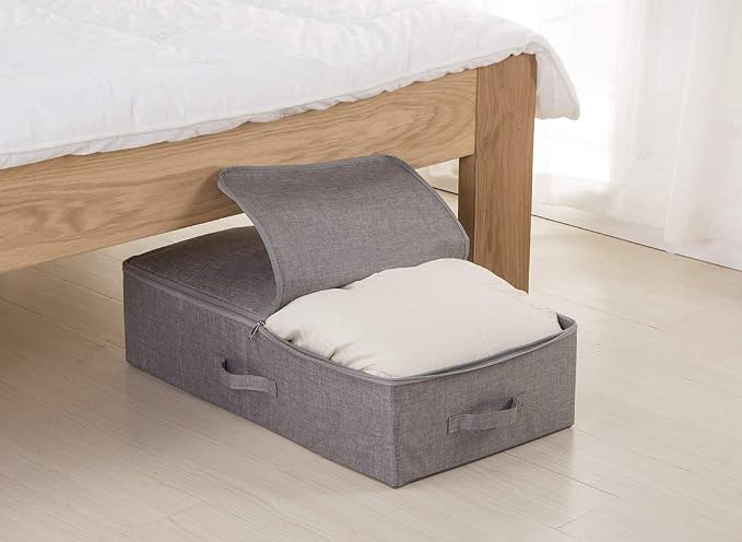 2pcs Rigid Underbed Zip Lid Storage Boxes, Clothes, Blankets Organizer Bins | under the bed/ couch/shelves/closet use, clothing shoes organizer, dustproof, 27.5*15.7*7", 3-side zip lid,folding design
