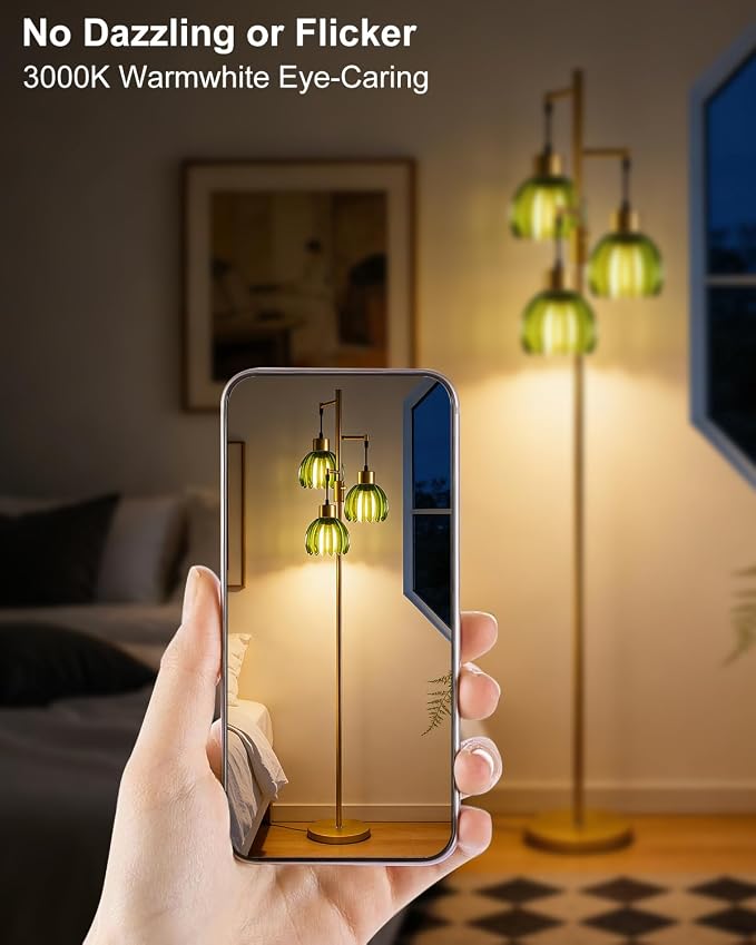 Lightdot 65'' Green Glass Floor Lamp Dimmable Gold Floor Lamps with Lotus Glass Shade& 3000K Bulbs Included 3-Lights Modern Tall Standing Lamp with 5Lbs Heavy Base for Living Room/Bedroom/Sofa Beside