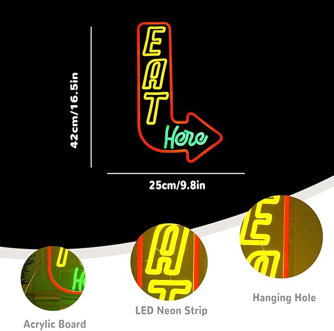 Eat Here Neon Sign for Wall Decor Kitchen Neon Light Colorful LED Neon Signs Arrow Led Neon lights for Restaurant Kitchen Living Room Decoration