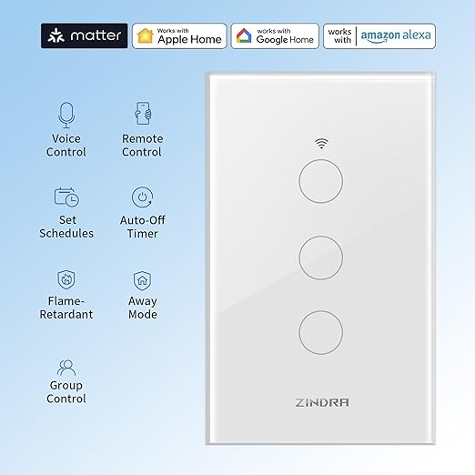 Smart Touch Wall Light Switch with Matter, Tempered-Glass Panel, Neutral Wire Required, Single-Pole, 2.4GHz Wi-Fi, App/Voice Control with Alexa/Google/Apple Home, Timers & Schedules White – 3 Gang