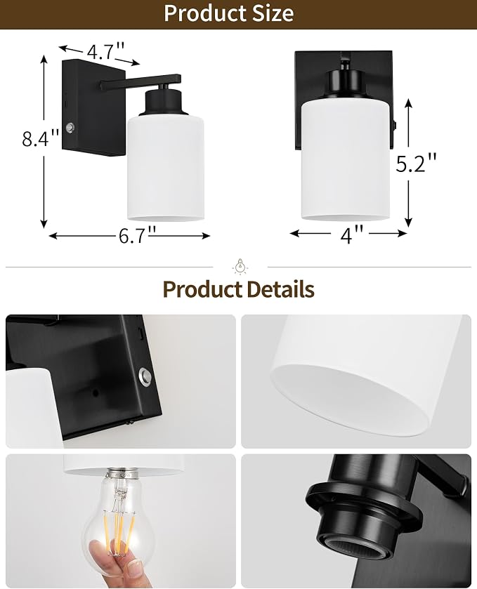 Wall Sconces Battery Operated Set of Two, Modern, White Glass, Black | Dimmable, Easy Install Rechargeable Wall Lights with Timer Remote for Living Room Bedroom, Emergency 3000K