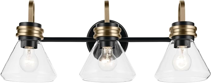 Kichler Farum 3-Light Bathroom Vanity Light, Black | Modern vanity light with clear glass for single or double bathroom mirrors (26" x 9.5" x 9.5"), 55155BKCLR