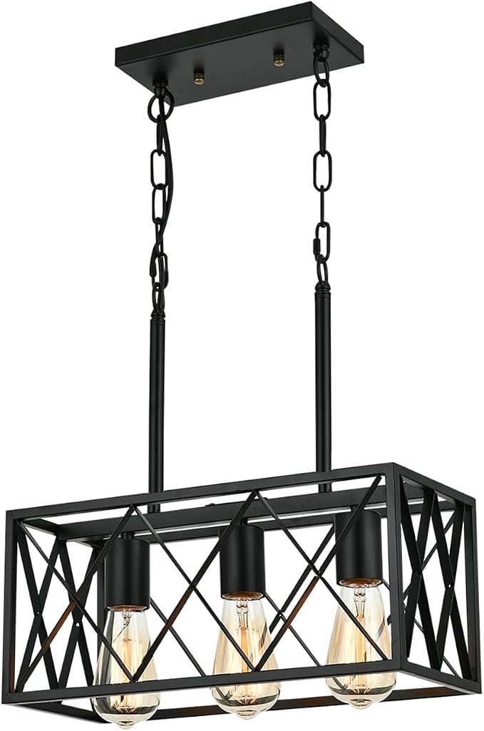 KEESFU Black 3-Light Farmhouse Chandelier, Dining Room Light Fixture | Farmhouse Dining Room Light Fixture with Adjustable Height, Kitchen Island Pendant for Dining Table & Over Sink, Living Room