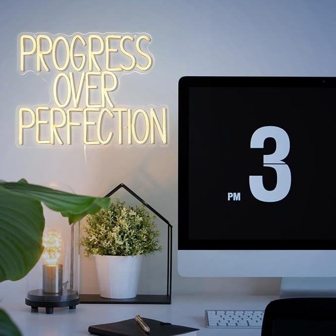 Progress Over Perfection Neon Sign for Wall Decor Dimmable Warm White Words Led Light Up Sign USB Powered LED Letters Neon Light for Classroom Bedroom Library Study Room(16.5 * 12.6In)
