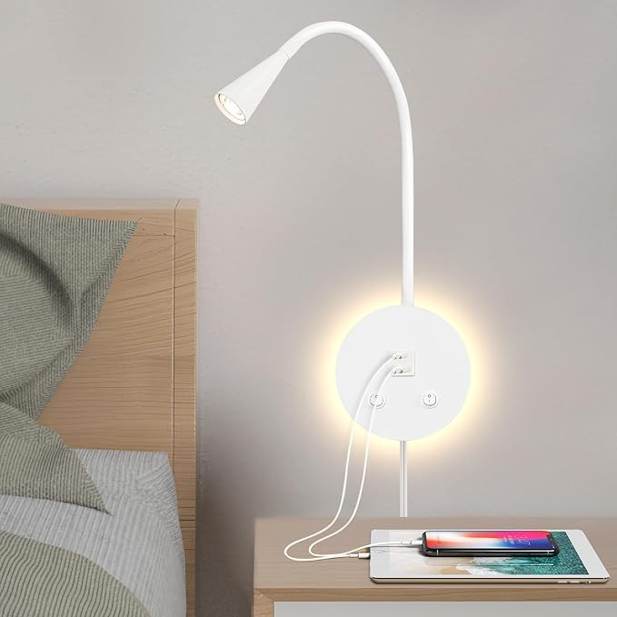 Dimmable LED Wall Reading Lamp - Adjustable Gooseneck Book Light for Bed, USB + Type C Output, 2-in-1 Night Light & Spotlight, Compact Focused Lamp (White)