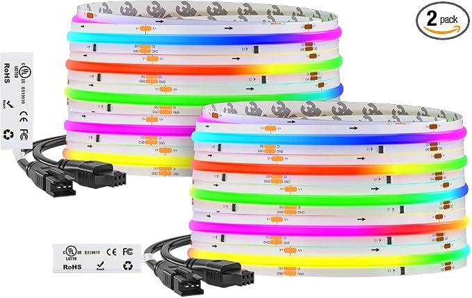 BTF-LIGHTING WS2811 Smart IC RGB FCOB COB LED Strip, UL Listed 630LEDs/m High Density Color Chasing Uniform Light, DC12V 32.8FT 10mm Width Tape Light for Home Party DIY Decor(No Adapter or Controller)