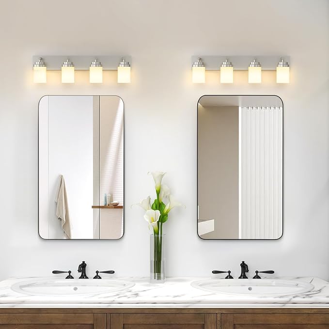IZORRO Bathroom Vanity Light Fixture, 4-Light 30 Inch Brushed Nickel Bathroom Light Fixtures Over Mirror, with White Glass Shade, Modern Farmhouse Vanity Lights, Rustic Restroom Lighting Fixtures