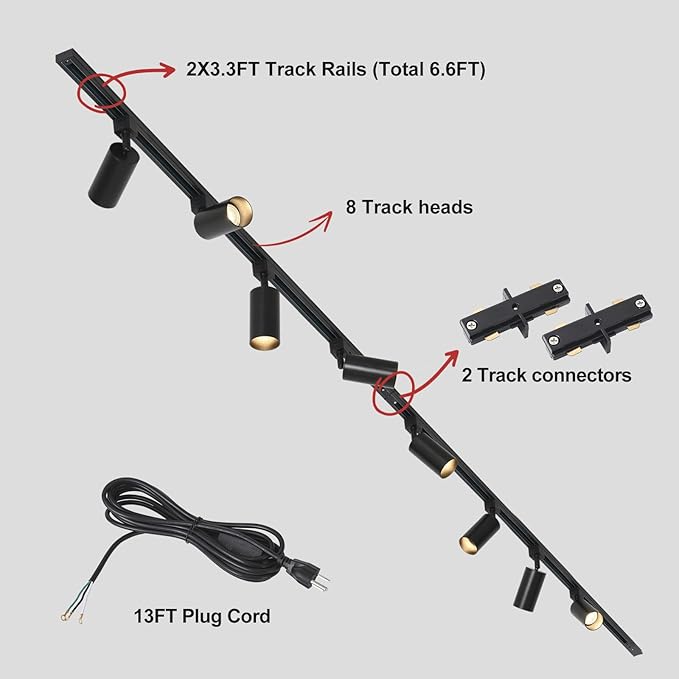 Plug in Track Lighting with Power Cord, 8-Light GU10 Track Lighting Kit with 6.6FT H Type Track Lighting Rails, Modern Kitchen LED Track Lighting Fixtures Ceiling Spot Light, Black (No Bulbs)