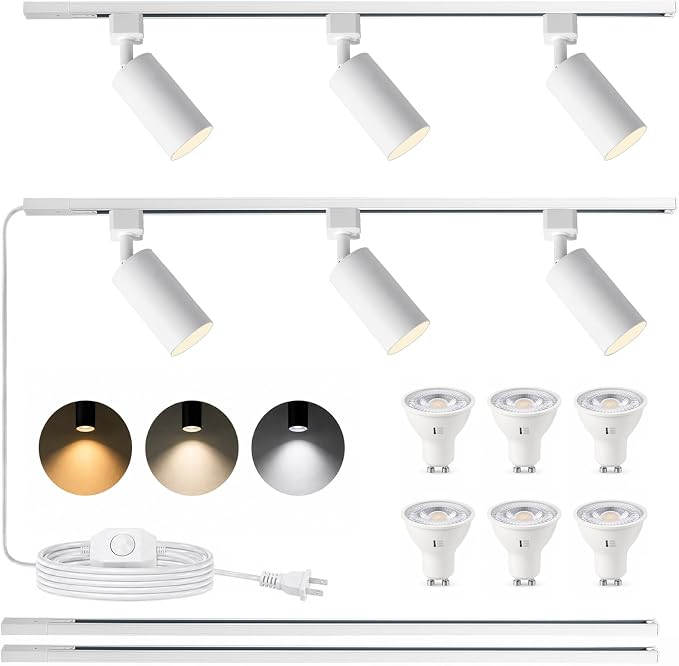 3-Color Plug in Track Lighting Dimmable with Power Cord, 6-Light Track Lighting Kit with 6.6FT H Type Track Lighting Rails, Modern Kitchen LED Track Lighting Fixtures Ceiling Spot Light, White