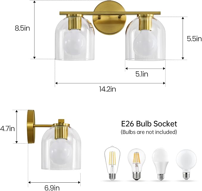 WOSHITU Bathroom Vanity Light Fixtures: 14.2 Inch Modern Gold Bathroom Light Fixtures Over Mirror with Clear Glass Shade, Brushed Gold 2 Light Wall Mount Sconces Above Mirror