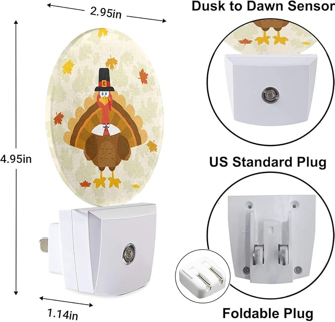 Cute Holiday Turkey Plug-in Nightlight Happy Thanksgiving Autumn Maple Leaves Orange Night Light LED Dusk-to-Dawn Sensor for Boys Girls Gifts Bedroom Playroom
