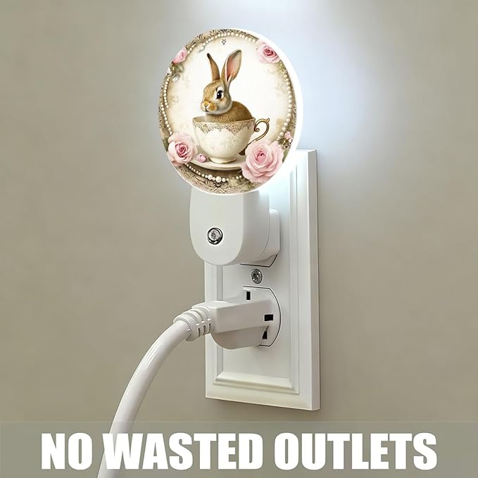 Mugod Rabbit Plug-in Nightlights Vintage Teacup Bunny and Roses Night Light Plug into Wall with Dusk-to-Dawn Sensor LED Lighting 0.5W Sleep-Friendly