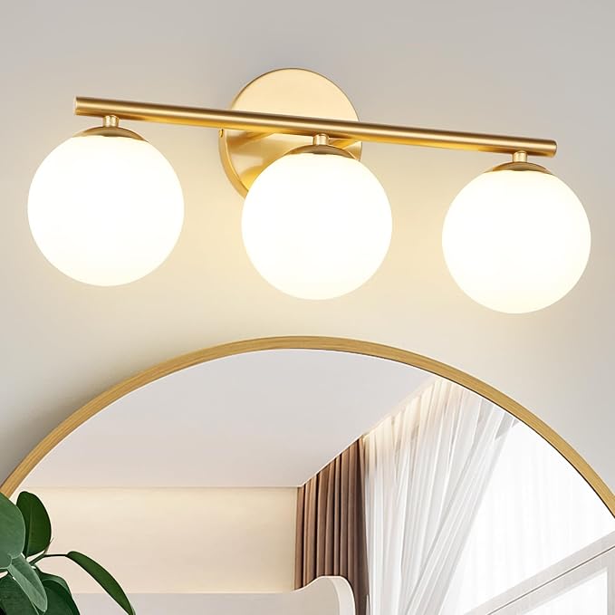 Globe Bathroom Light Fixtures 3-Light Brass Gold Vanity Light with Plastic Milk White Globe Shades 11.81 inch Wall Sconce Lighting Over Mirror, Vanity Lights for Bathroom Bedroom Hallway