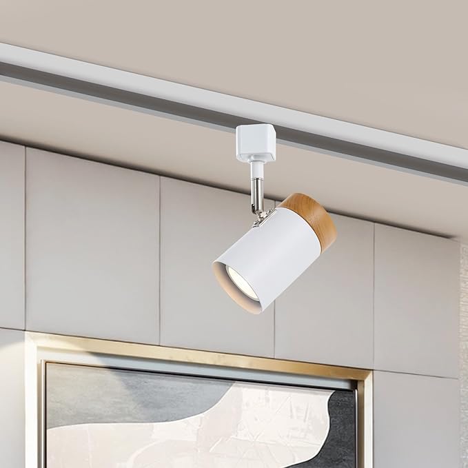 H Type 6 Track Lighting Heads, Natural Solid Wood and Matte White Lampshade Spotlights, Brushed Nickel Swivel Item Kit