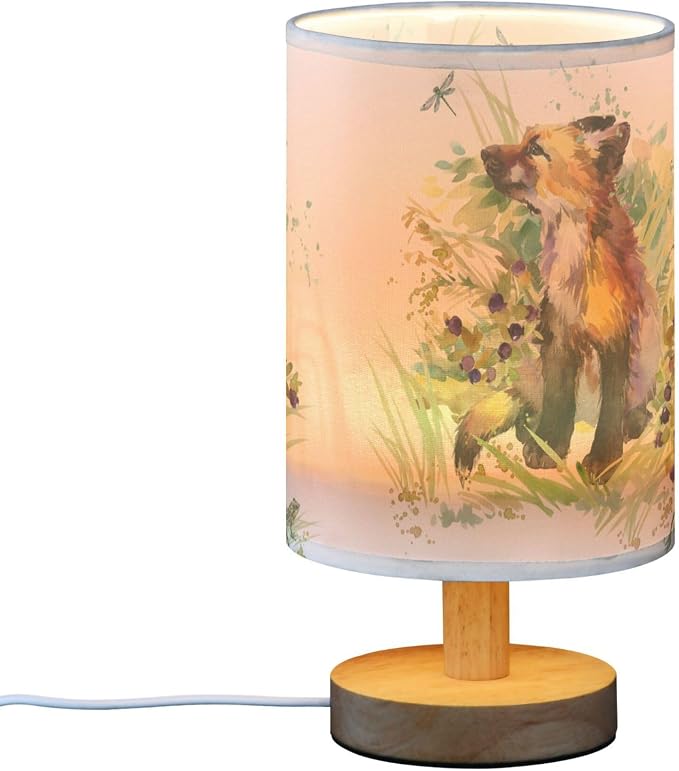 Table Lamp Fox Animal Dragonfly Frog in Floral Grass Woodland Nightstand Lamp with Wood Base Fabric Lamp Shade Bedside Desk Lamp for Living Room Bedroom Kids Room Office