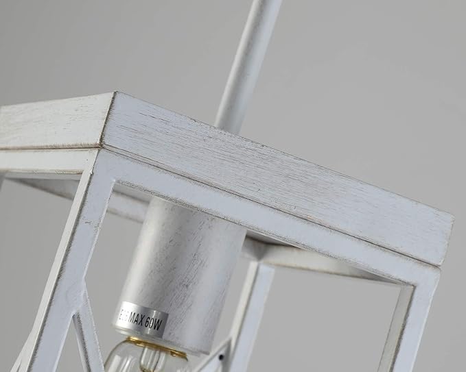 Modern Farmhouse Pendant Light with Metal Cage, One-Light Adjustable Rods Rustic Mini Pendant Lighting Fixture for Kitchen Island Cafe Bar, White with Gold