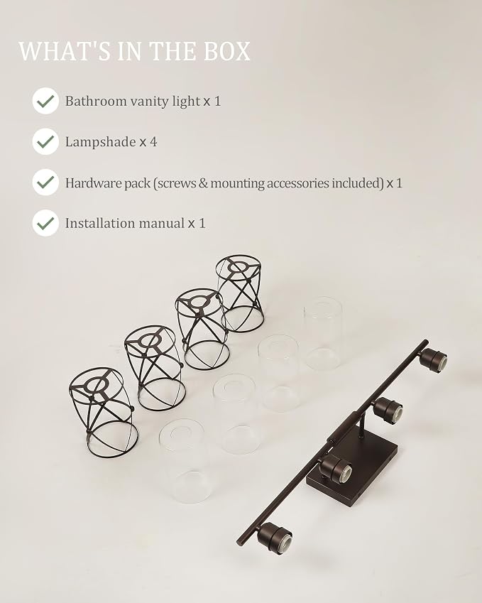 4-Light Oil Rubbed Bronze Bathroom Light Fixtures Over Mirror, 29" UL-Listed Modern Farmhouse Wall Sconce Lights with Clear Glass and Metal Cage for Bath, Hardwire E26, CH9176ORB-4W