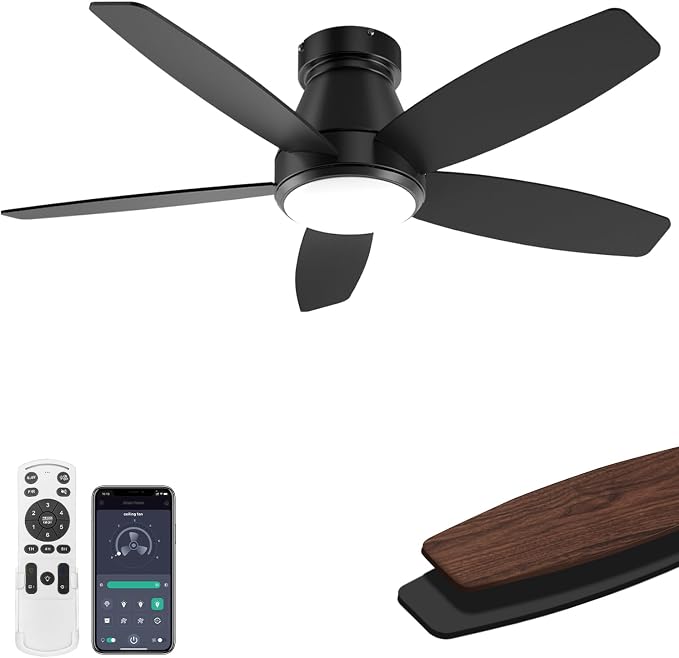 42 Inch Ceiling Fans with Lights, Quiet Reversible Fan with DC Motor, Remote & APP Control, 6-Speed, 3 Color Temperatures, Dimmable, Ceiling Fan for Bedroom Living Room,Black