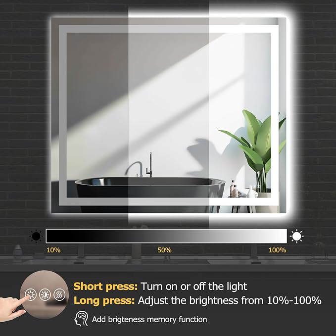 Hivone 48"X40" LED Bathroom Mirror with Lights, Anti-Fog, Dimmable, Backlit + Front Lit, Smart Bathroom Vanity Mirror, Memory Function, Shatterproof, Tempered Glass (Horizontal/Vertical)