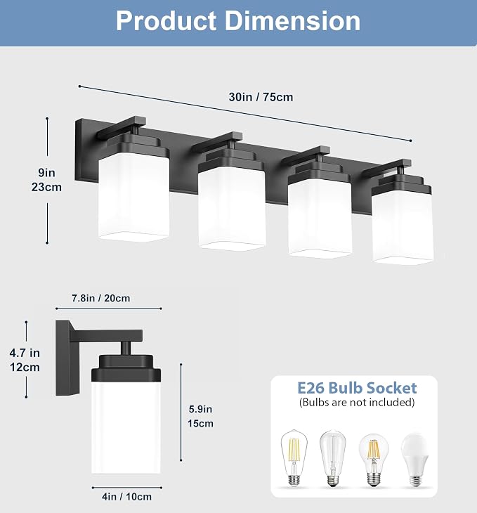 Matte Black Bathroom Light Fixtures, 4 Lights Bathroom Lighting Fixtures Over Mirror, Square Design & Rectangle Large Backplate, Modern Vanity Lighting Fixtures, for Living Room/Bedroom