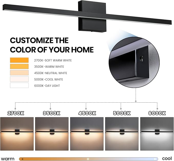 Black Vanity Light Fixtures for Bathroom - 23.6 inch Dimmable Modern Bathroom Light Fixture Over Mirror 5CCT Adjustable Wall Sconce Lighting Fixture LED Vanity Lights Bar