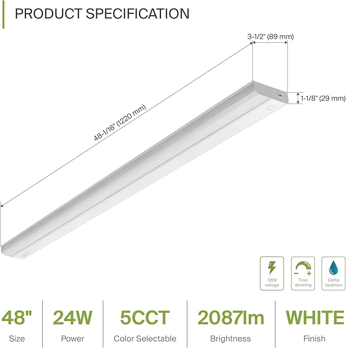 ASD 6 Pack 48 Inch Hardwired LED Under Cabinet Lights, On/Off & 5CCT Switch 2700K-5000K, 24W 2087LM CRI90+, Direct Wire Low Profile Linkable Fixture, Dimmable Under Counter Kitchen Lighting, White, UL