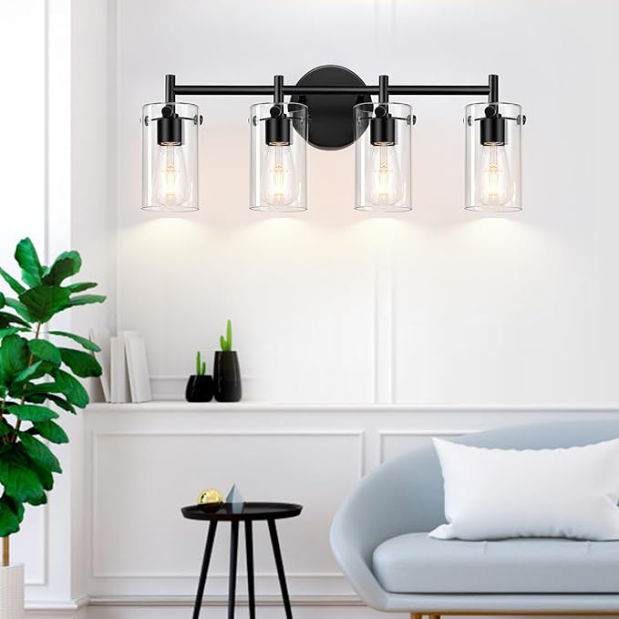 4-Light Matte Black Bathroom Vanity Light Fixtures, Clear Glass Shade Wall Sconces for Mirror, Bedroom, Living Room, Hallway