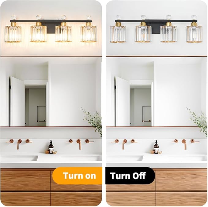 Modern Balck and Gold Crystal Bathroom Vanity Light, 4-Lights Bathroom Light Fixtures, Vanity Light Fixtures Over Mirror, Glass Wall Sconce Light for Bedroom, Kitchen, Living Room, Gallery, E26 Base