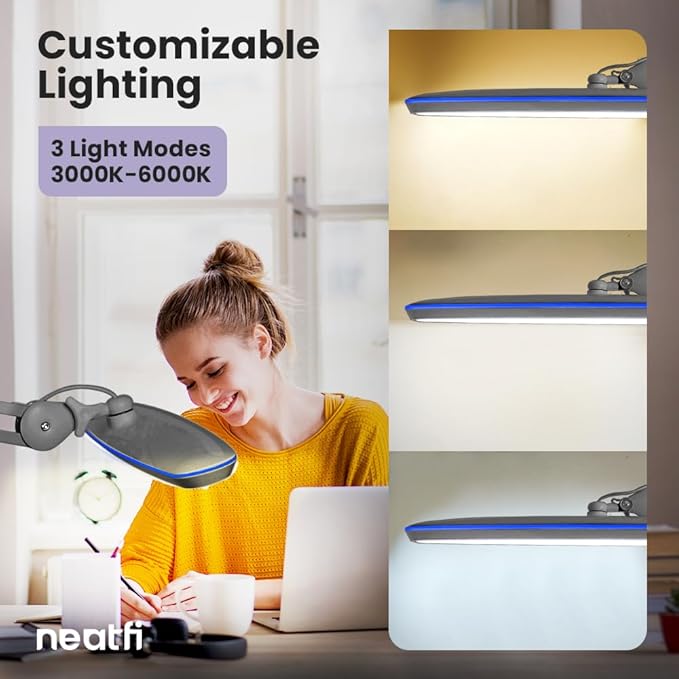 Neatfi XL 2,200 Lumens 20W LED Task Lamp – 23” Ultra-Wide Head | 182 SMD LEDs | 4 Brightness Levels | 3 Light Modes | Eye-Caring, Glare-Free | Adjustable Arm (CCT with Clamp, Silver)