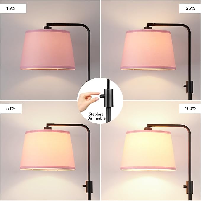 【Upgraded】 Dimmable Floor Lamp, 1000 Lumens LED Edison Bulb Included, Arc Black Floor Lamps for Living Room Modern Standing Lamp with Pink Shade, Tall Lamps for Living Room Bedroom Office Dining Room