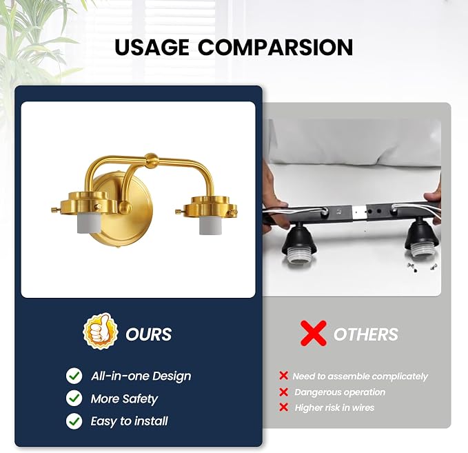 RUIYEY Bathroom Vanity Light Fixtures: 2-Lights Gold Bathroom Lighting Fixtures Over Mirror, Mid-Century Modern Wall Sconces with Frosted Milky Glass for Kitchen Bedroom Hallway