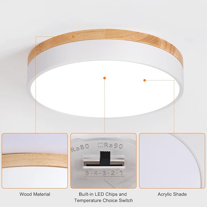 Yiisem Dimmable Wood LED Flush Mount Ceiling Light, White, 11.8 in | 5CCT 2700K-6000K Modern Close to Ceiling Lighting Fixtures, Round Ceiling Lamp for Bedroom, Kitchen, Hallway, Laundry Room