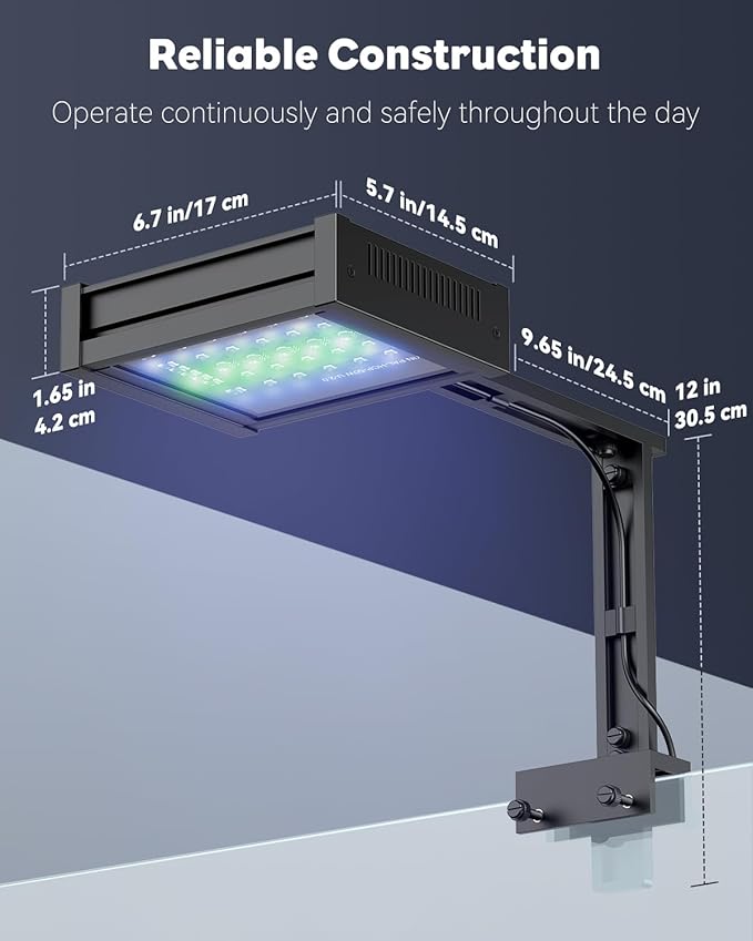 Pawfly 50W Reef Tank LED Light for SPS & LPS Corals, Clip-On Saltwater Aquarium Lamp with Timer, Day Night Modes, Adjustable Brightness, Blue UV Violet RGB Lighting
