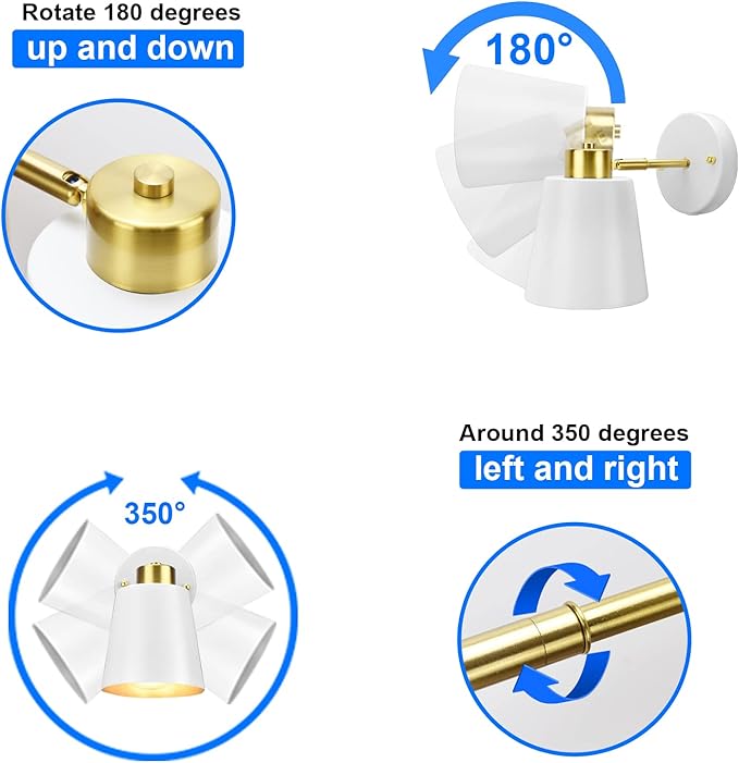 Yollzey Plug in Wall Sconces, Rotatable Angle White Wall Lamp with Plug in Cord Metal Vintage Industrial Wall Mounted Light Reading Light for Bedroom Bedside Doorway(2 Pack)