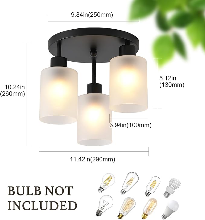 3-Light Industrial Farmhouse Black Matte Light Fixtures Ceiling Mount, with Frosted Glass Shades Semi Flush Mount Ceiling Light, for Hallway Fixtures Kitchen, Foyer