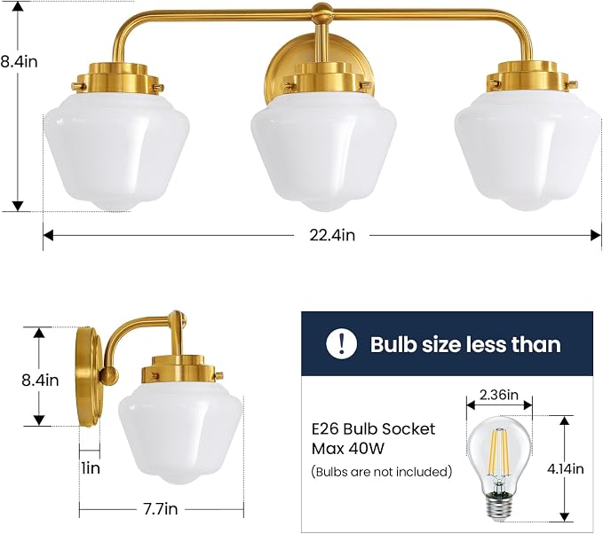 RUIYEY Bathroom Vanity Light Fixtures: 3-Lights Gold Vanity Lights Over Mirror, 17 Inch E26 60W Modern Bathroom Lighting Fixture with Milky White Glass for Bath Restroom