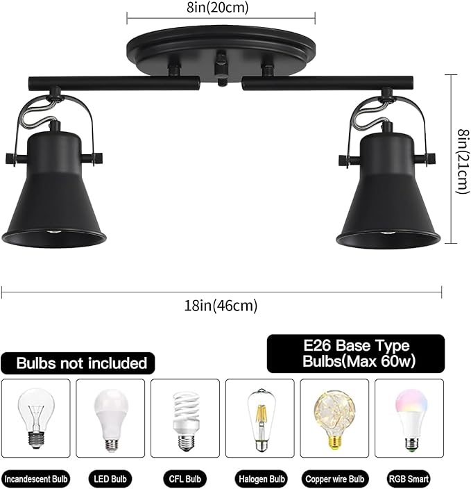 SEEBLEN 2 Light Track Lighting Ceiling, Industrial Directional Ceiling Spot Light Fixture,Black Flush Mount Ceiling Light for Kitchen, Living Room, Hallway, Bathroom, Cabinet, Etc.
