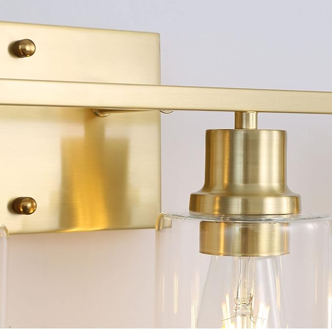 4-Lights Gold Bathroom Light Fixture, Brushed Brass Vanity Light with Clear Glass Shade, Modern Bath Wall Lights for Living Room, Hallway, Bedroom