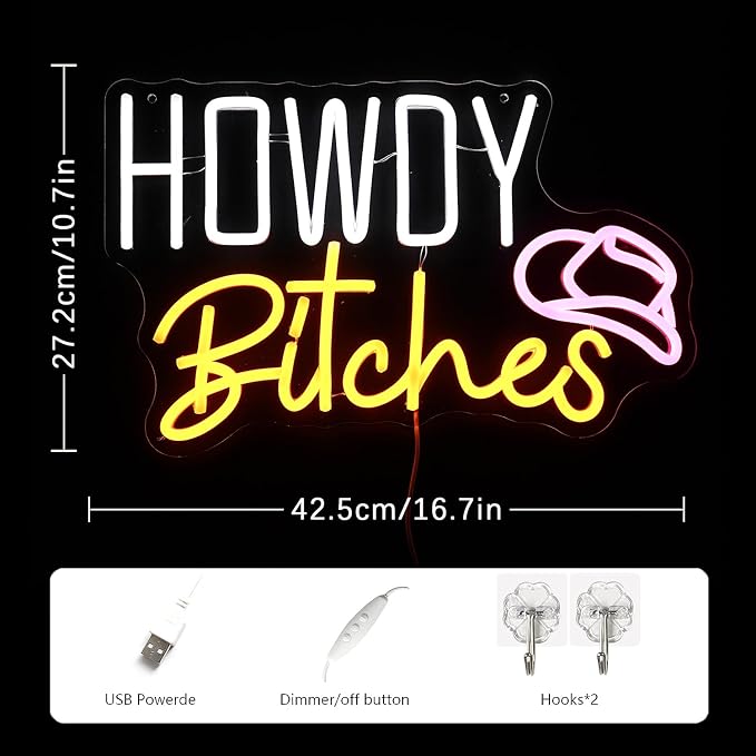Howdy LED Neon Sign - White, Yellow, Pink Letters - USB Dimmable Light for College Dorm, Country Girls Bedroom Decor - Western Aesthetic Wall Art Gift